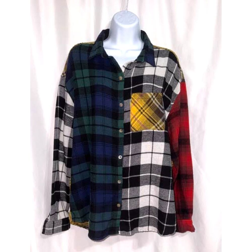 Just Polly Mixed Plaid Patchwork Flannel Button Down Shirt Sz XL | Cozy Shacket